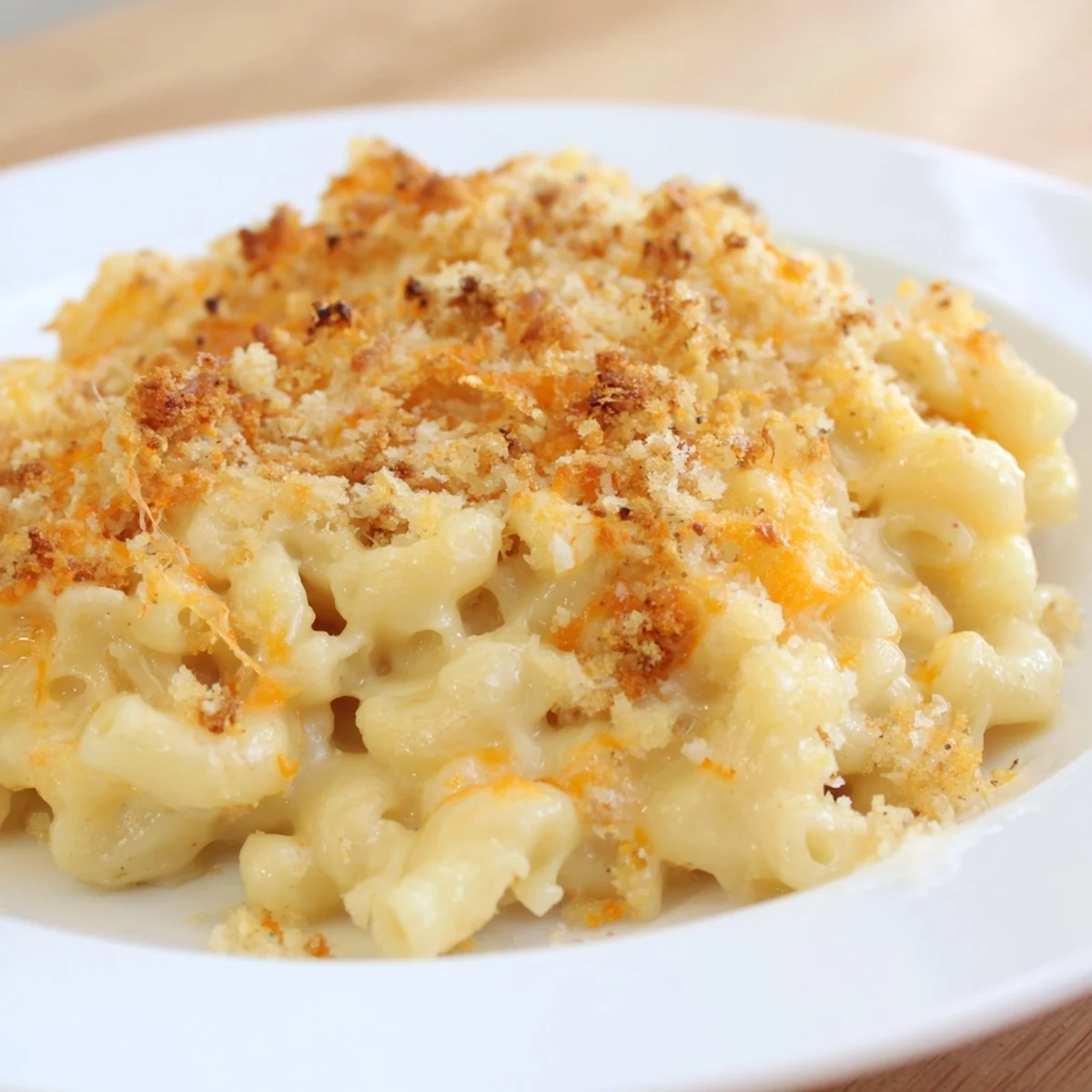 A close-up of baked macaroni and cheese, with a rich, creamy sauce that's cheesy and delicious.
