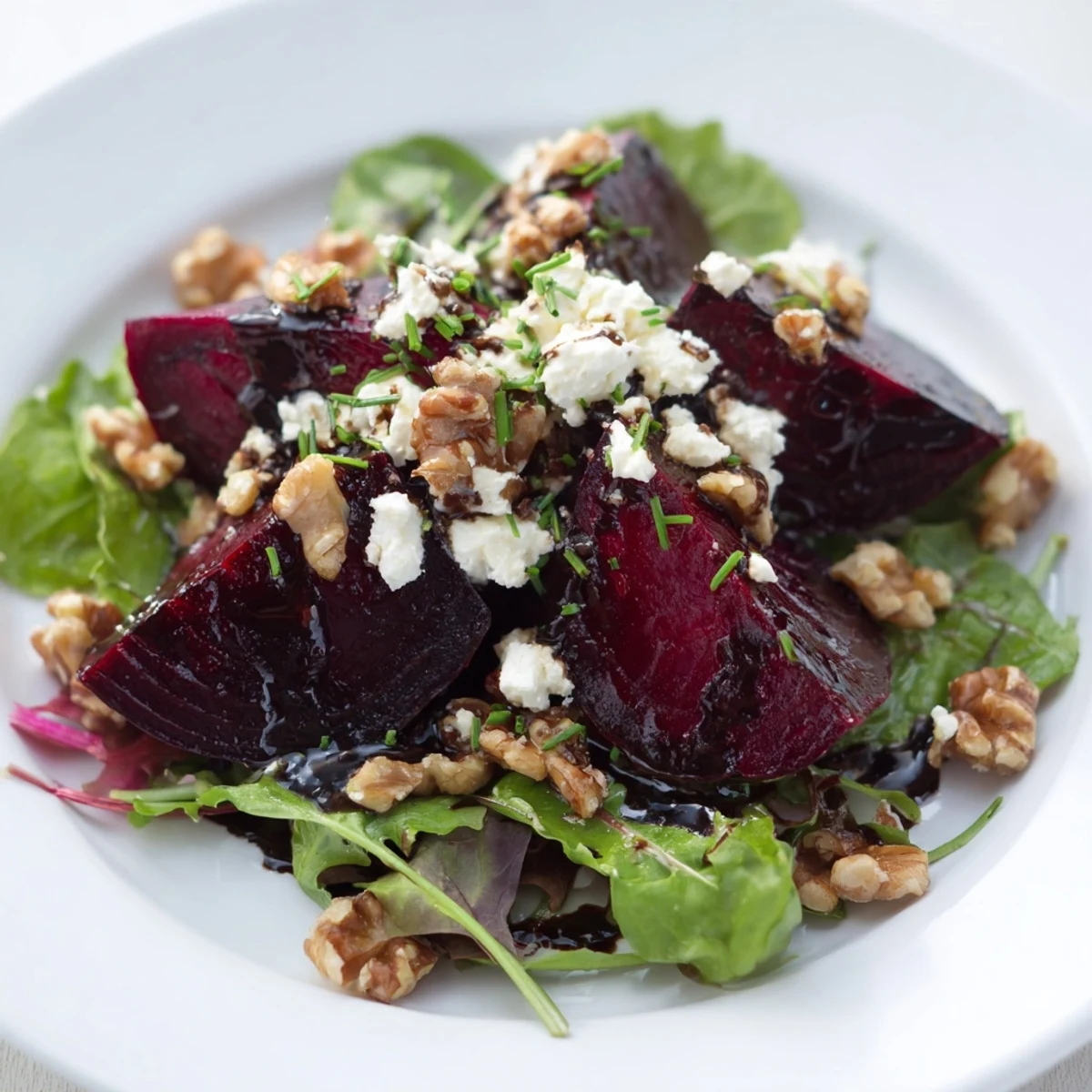 Vibrant Roasted Beet and Goat Cheese Salad with ruby-red beets, creamy goat cheese, and toasted walnuts.