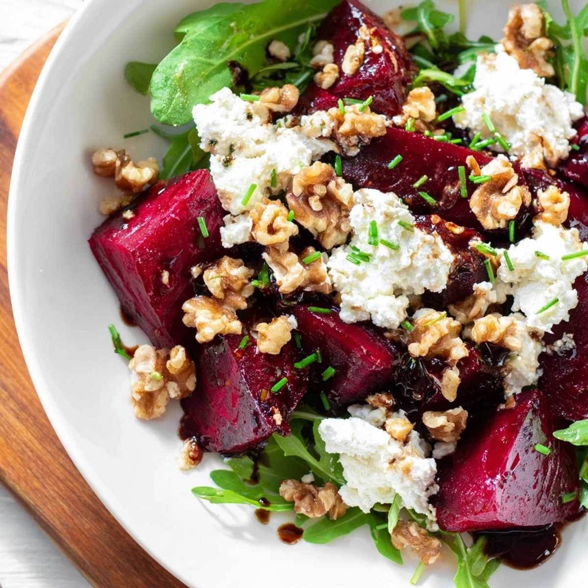 A beautifully plated Roasted Beet and Goat Cheese Salad, drizzled with a tangy balsamic vinaigrette for a fresh meal.