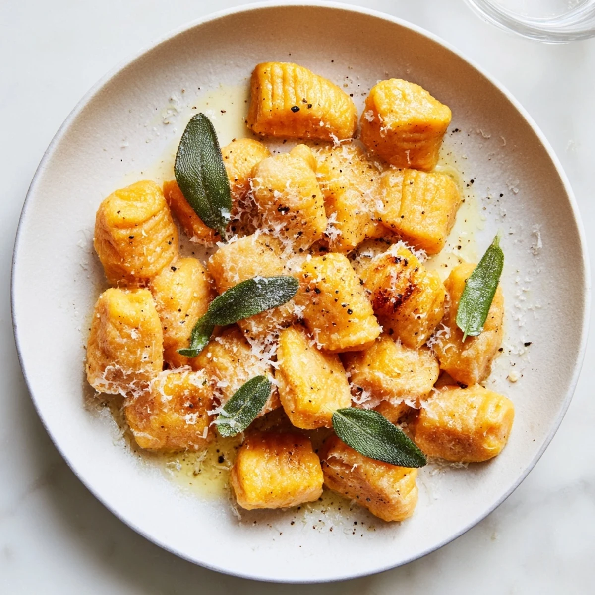 Golden-hued squash gnocchi served with fresh sage, offering a warm and inviting fall meal.