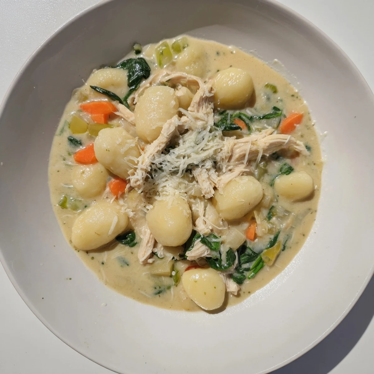 Creamy, savory gnocchi soup with tender chicken and wilted spinach, a comforting, warm meal.