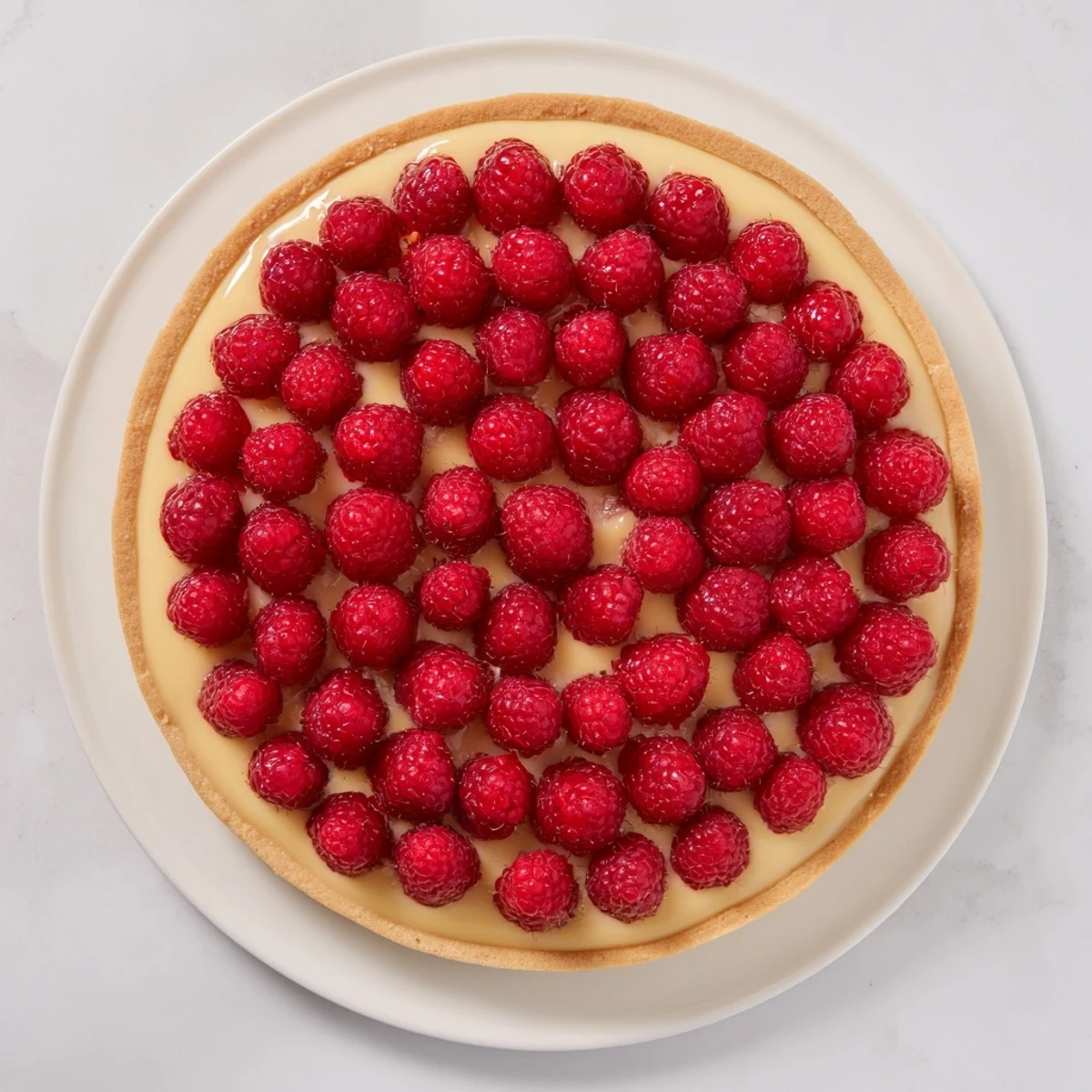 Vibrant raspberry tart showcasing a buttery crust filled with creamy pastry cream and glistening red berries.