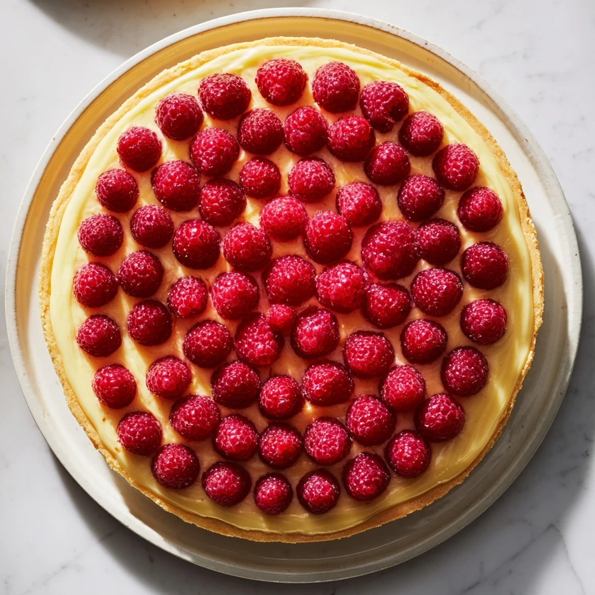 This beautiful French raspberry tart features a golden crust and a luscious cream filling topped with fruit.