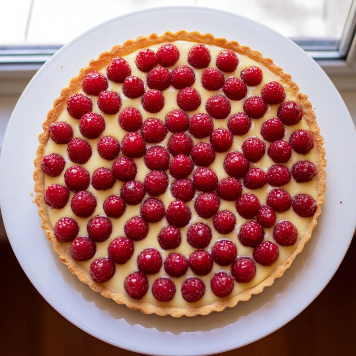 Close-up of a delightful raspberry tart, perfect for a summer dessert, showcasing fresh red raspberries.