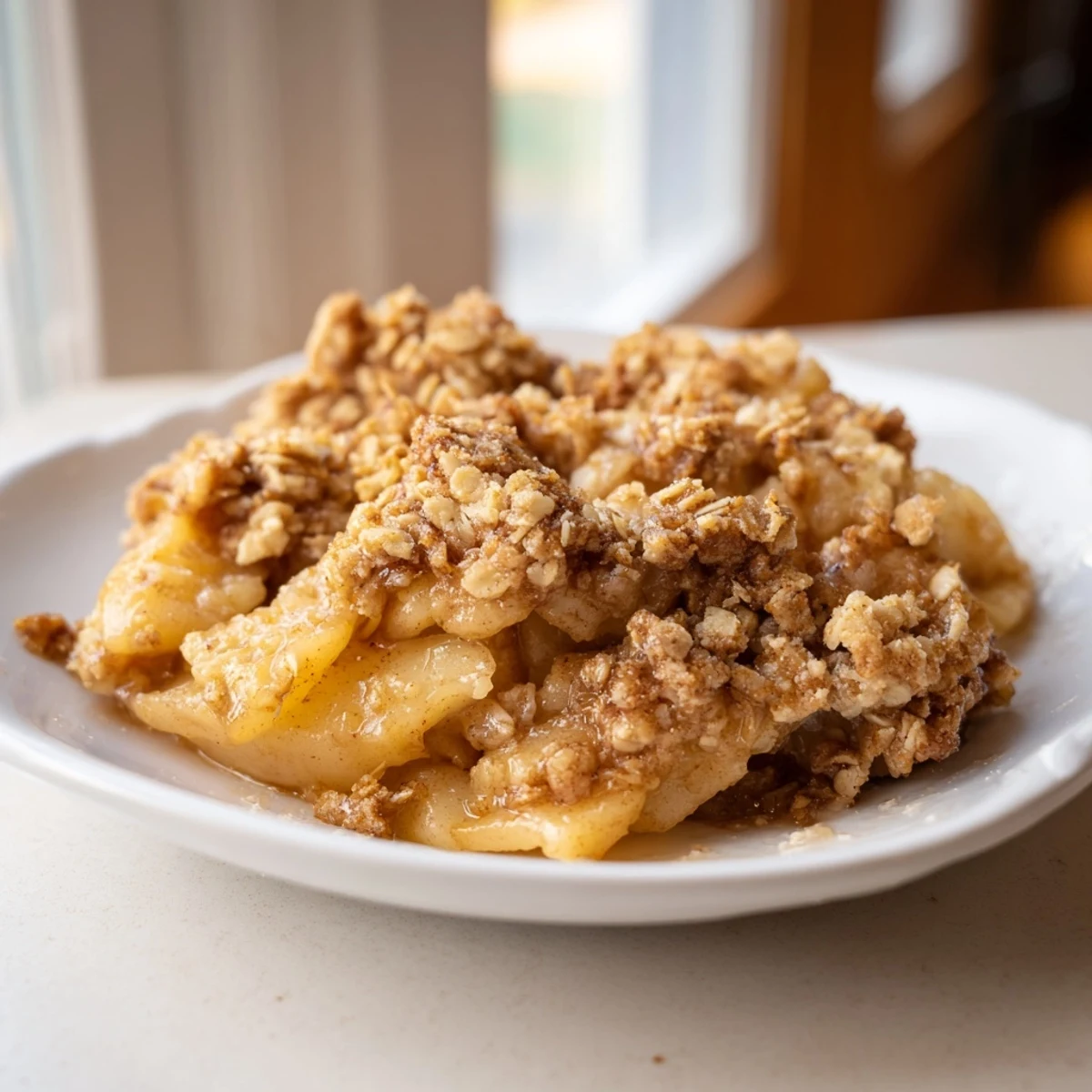 Buttery, crisp crumble topping covers a juicy apple filling in this comforting apple crumble recipe.