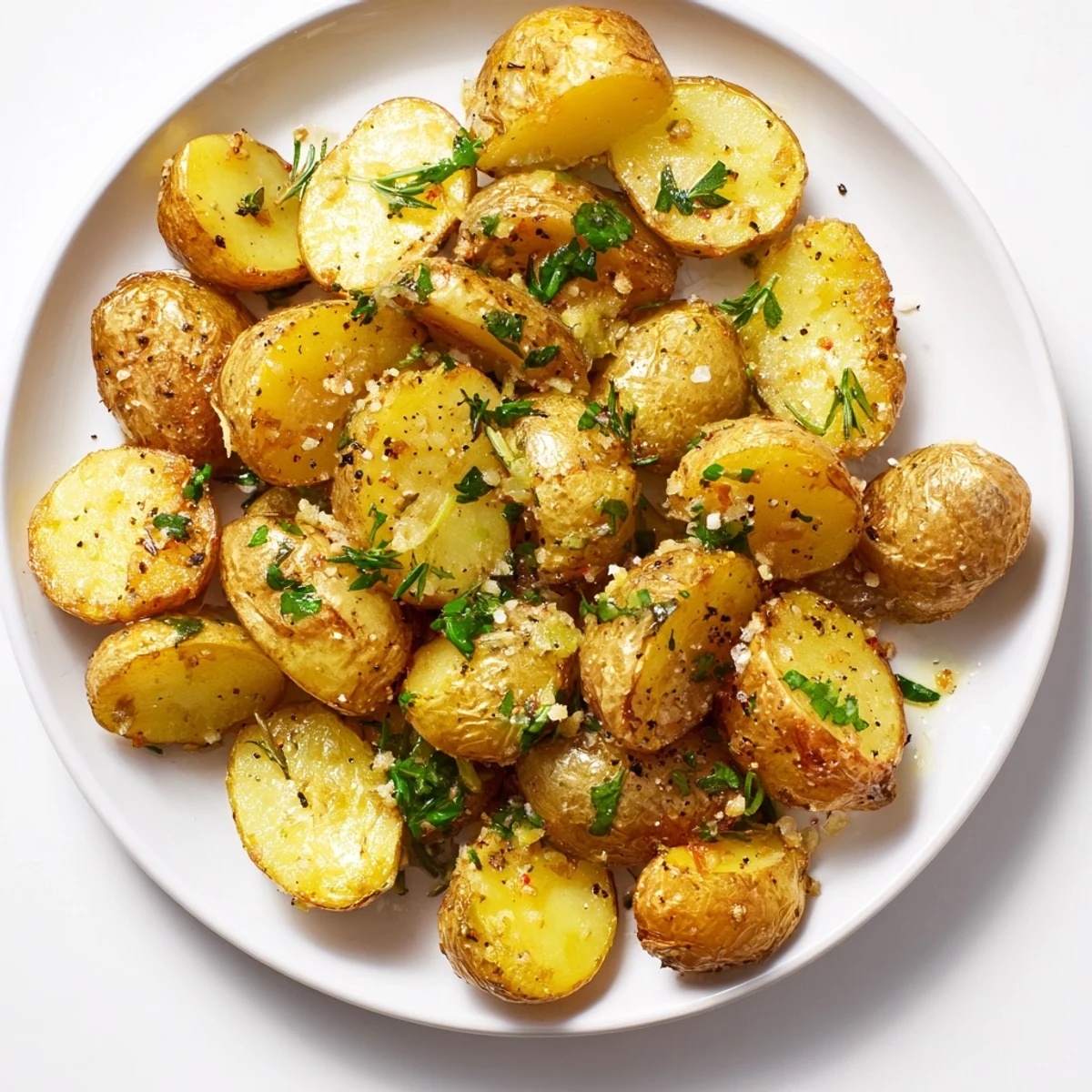 Golden, crispy Roasted Herb Potatoes, tossed with fragrant herbs, ready for a delicious side dish.