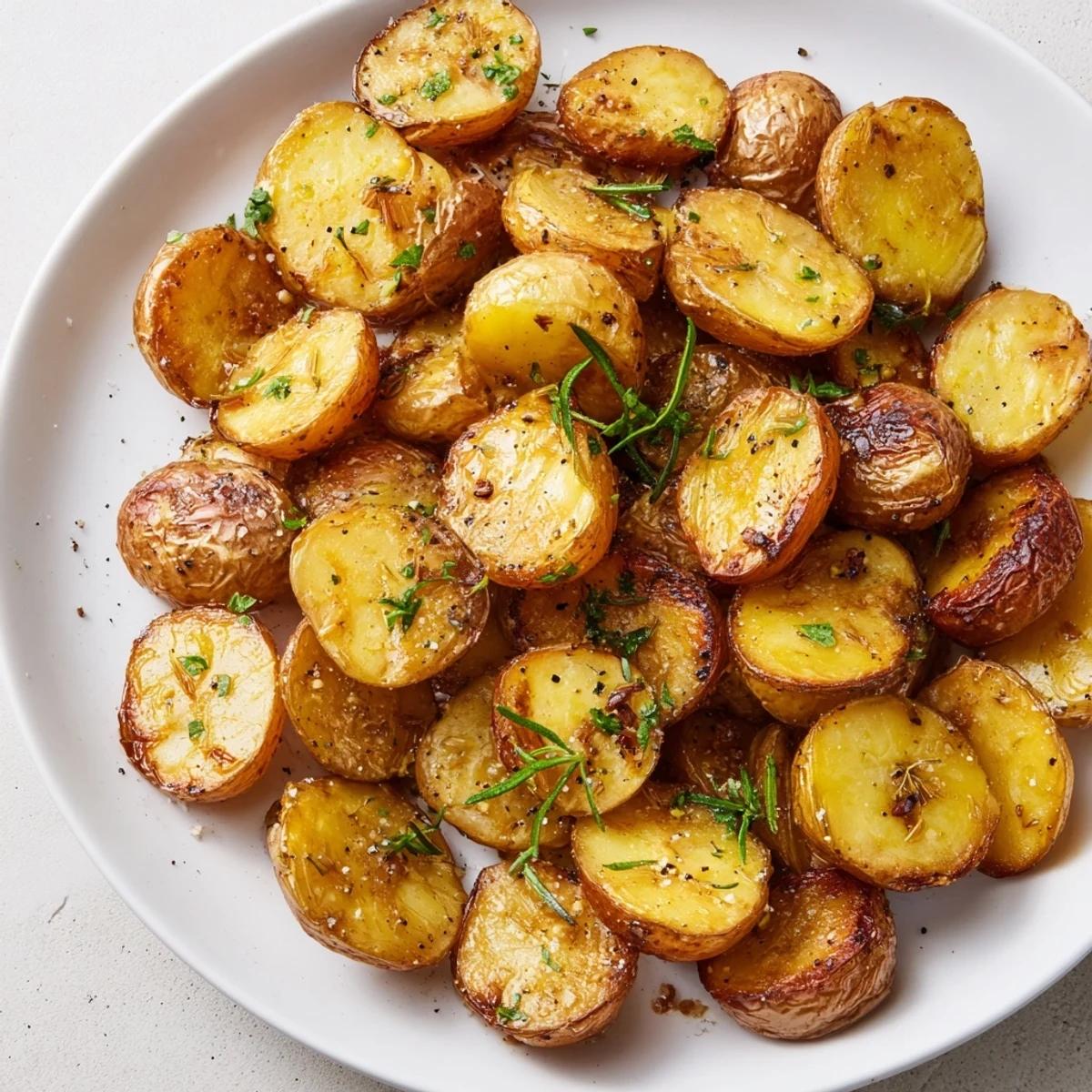 A close-up of beautifully browned Roasted Herb Potatoes, sizzling and flavorful, perfect for dinner.