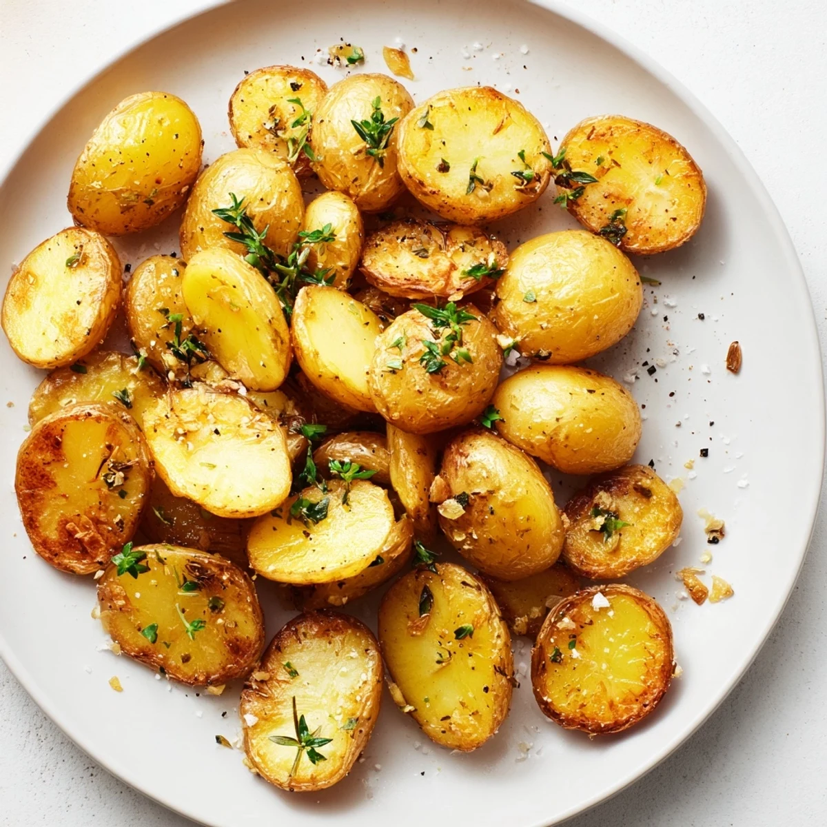 Freshly baked Roasted Herb Potatoes, garnished with parsley, promising a delightful, herby taste.
