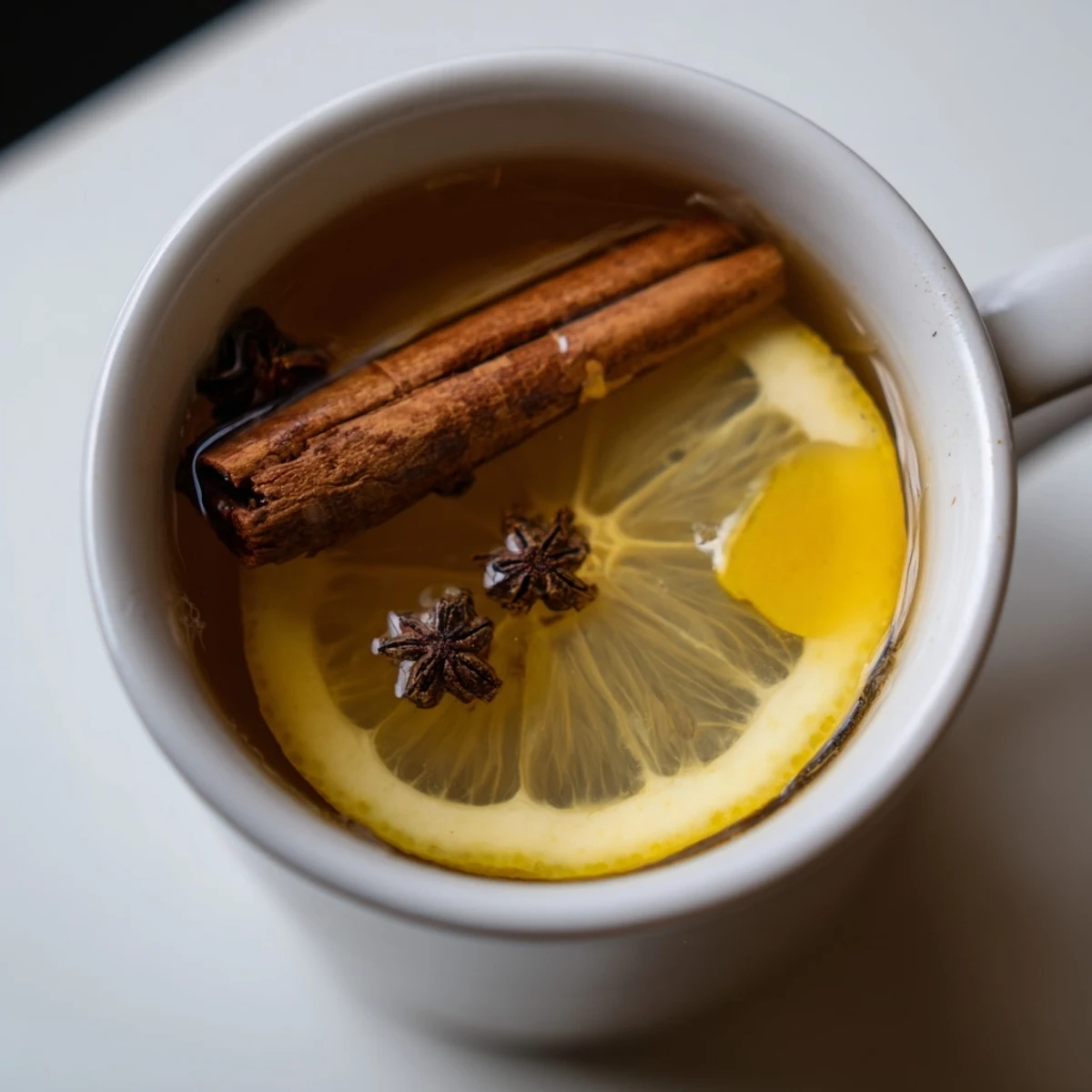 Cozy close-up of a golden Hot Toddy, featuring a cinnamon stick and vibrant lemon slices, delicious.