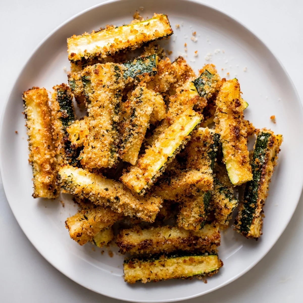 A close-up shot of golden-brown zucchini fries, sprinkled with herbs, providing a satisfying crunch.