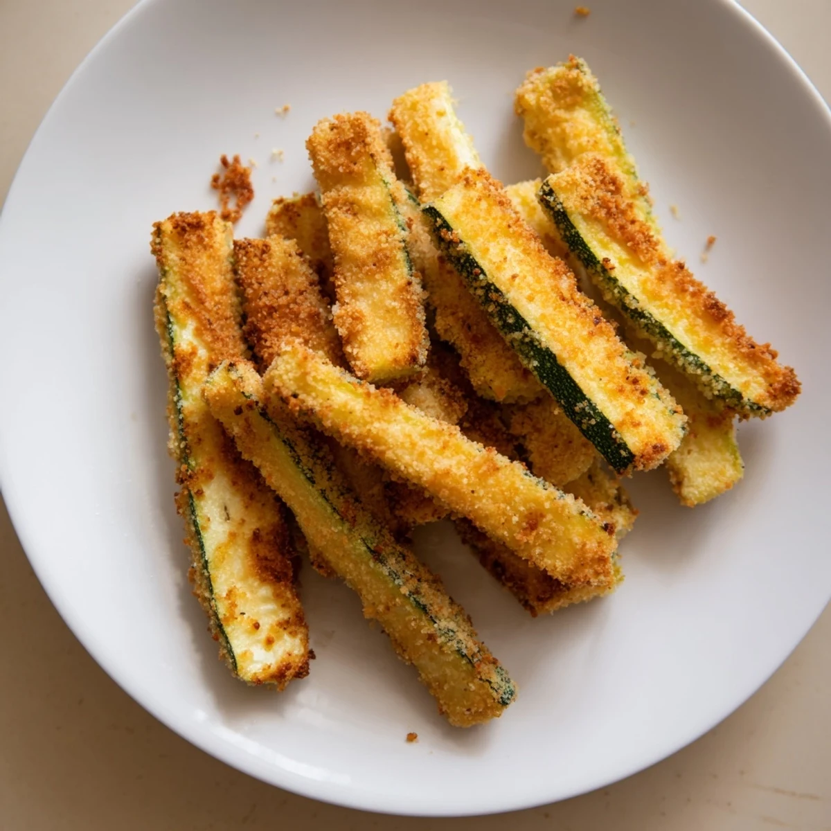 Golden and crispy zucchini fries, oven-baked to perfection, ready to dip in marinara sauce at a table.