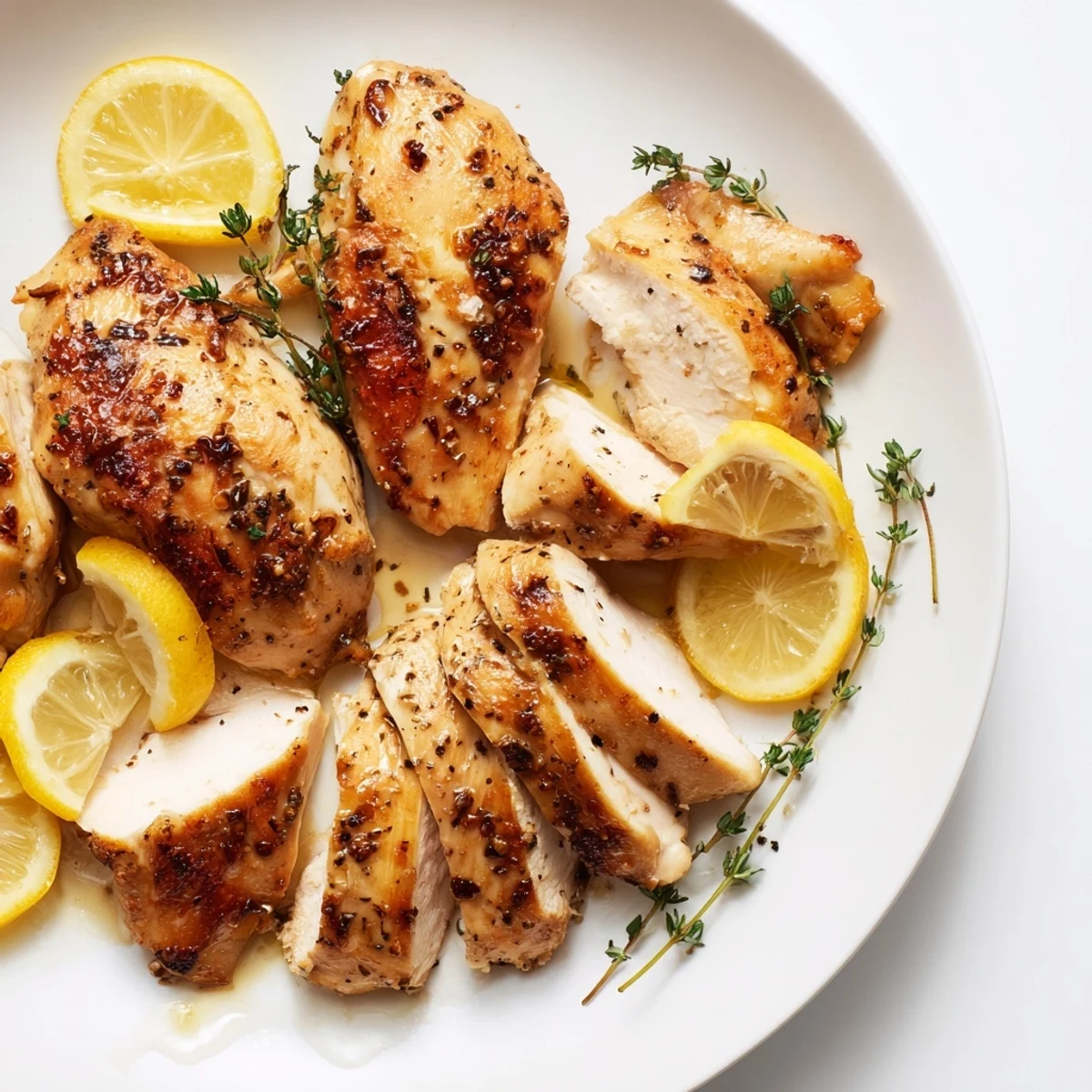 Golden, seared Lemon Thyme Chicken, served with lemon slices, offers a bright and flavorful meal.