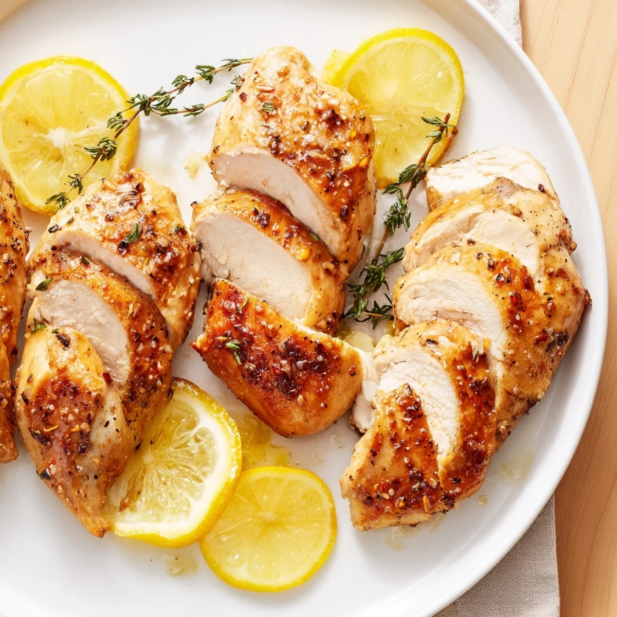 Juicy, pan-seared Lemon Thyme Chicken with fresh thyme sprigs and vibrant lemon garnish.