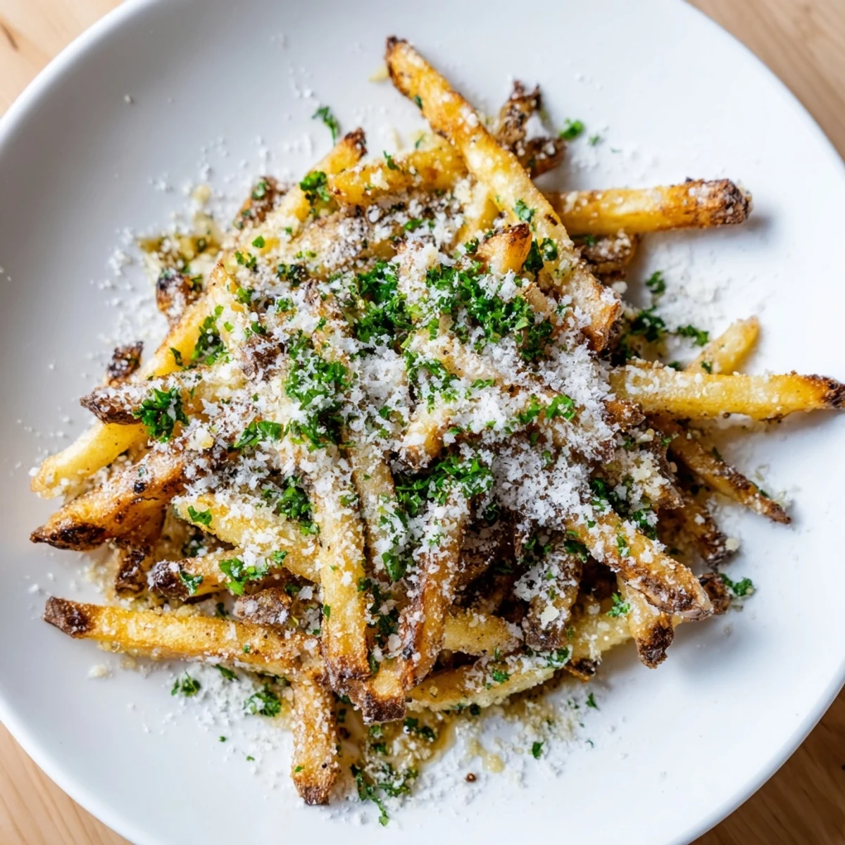 Crispy garlic fries, fresh from the fryer, tossed with garlic and herbs, ready to serve hot.
