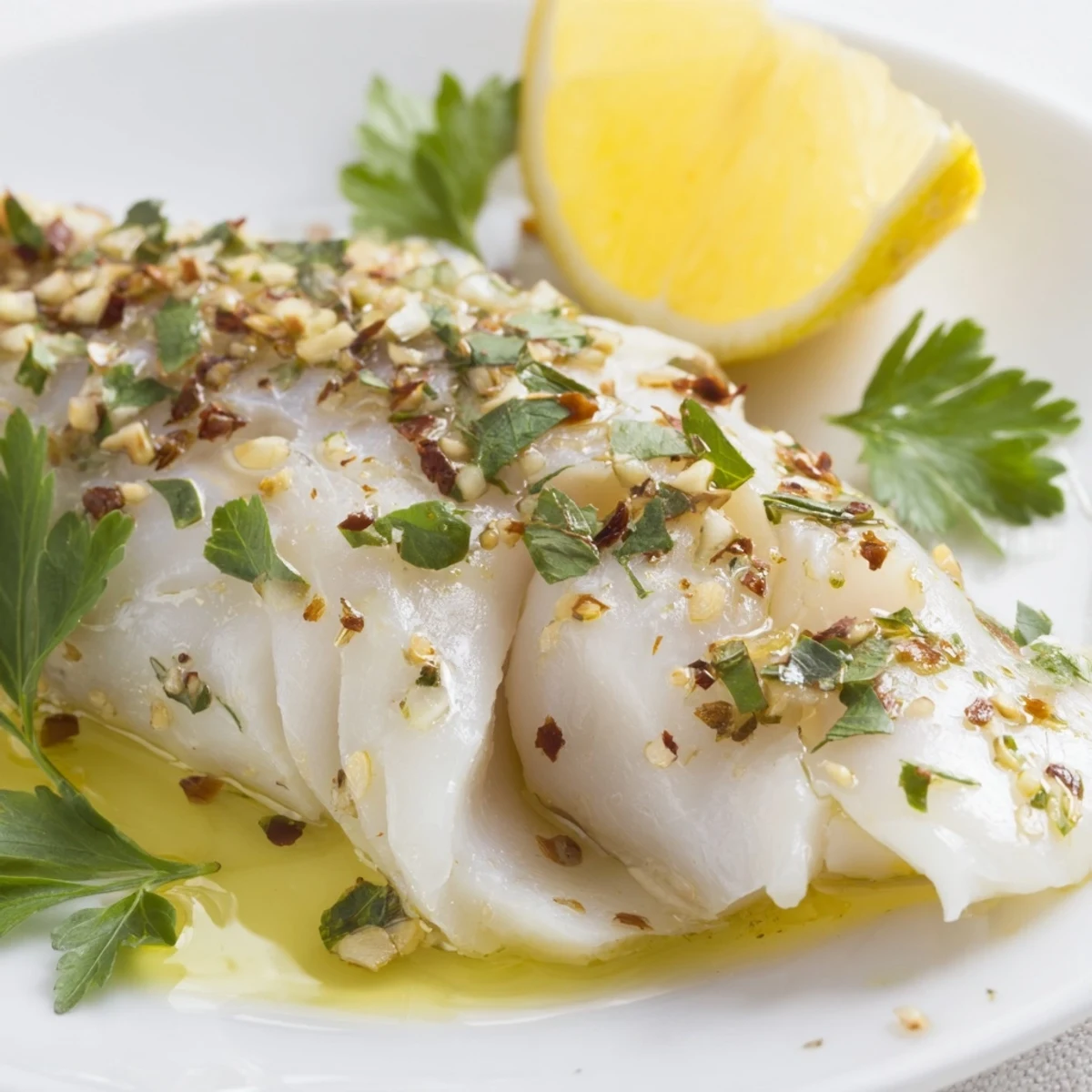 Flaky, golden-brown baked fish fillets, fresh from the oven, ready to serve with lemon.