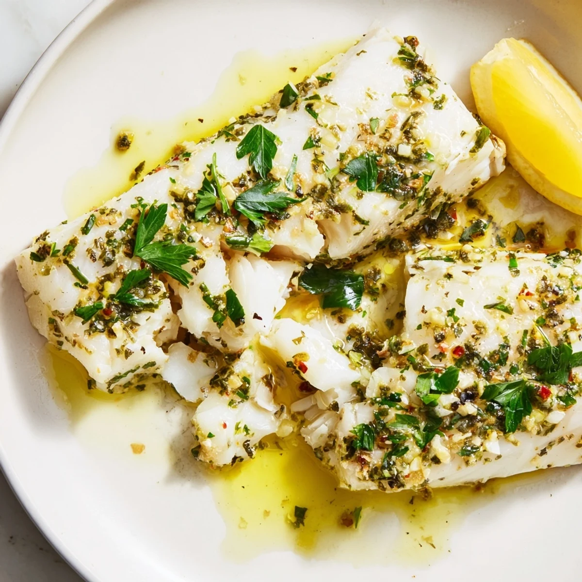 A close-up of perfectly cooked baked fish, garnished with parsley and bright lemon wedges.