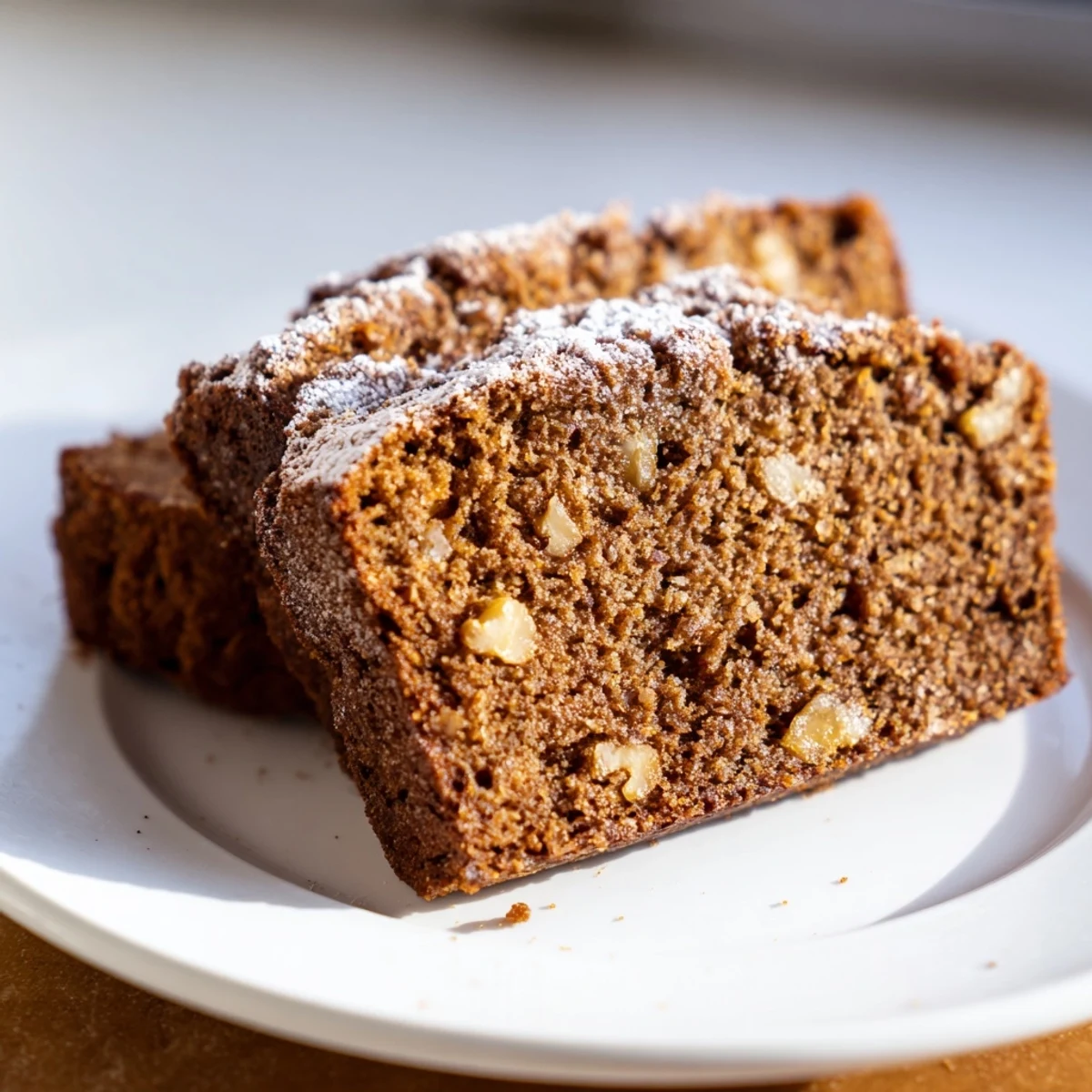 Moist Gingerbread loaf, perfect dessert topped with powdered sugar, ideal for any occasion.