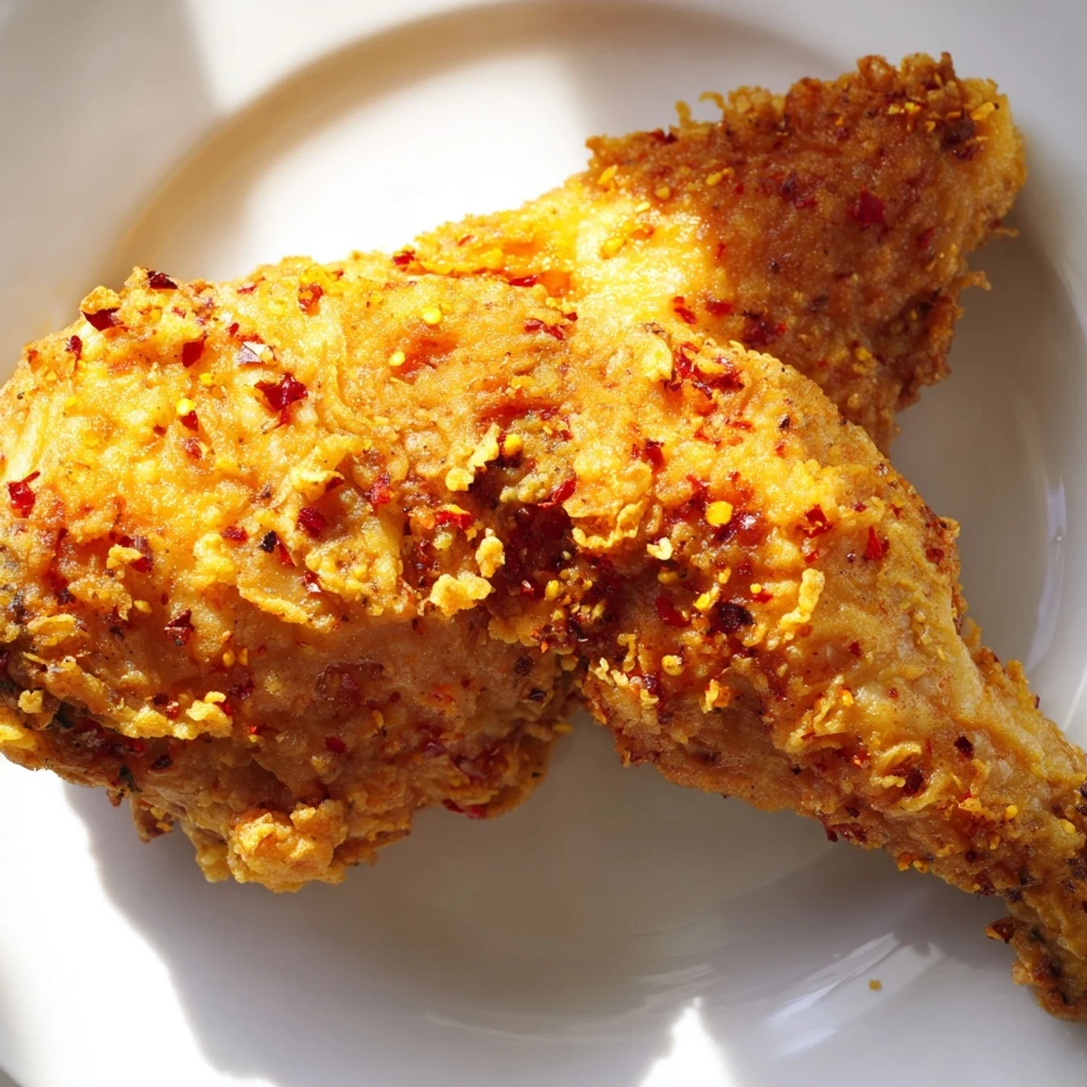 Golden, crunchy fried chicken on a white plate, ready to enjoy with a side dish.