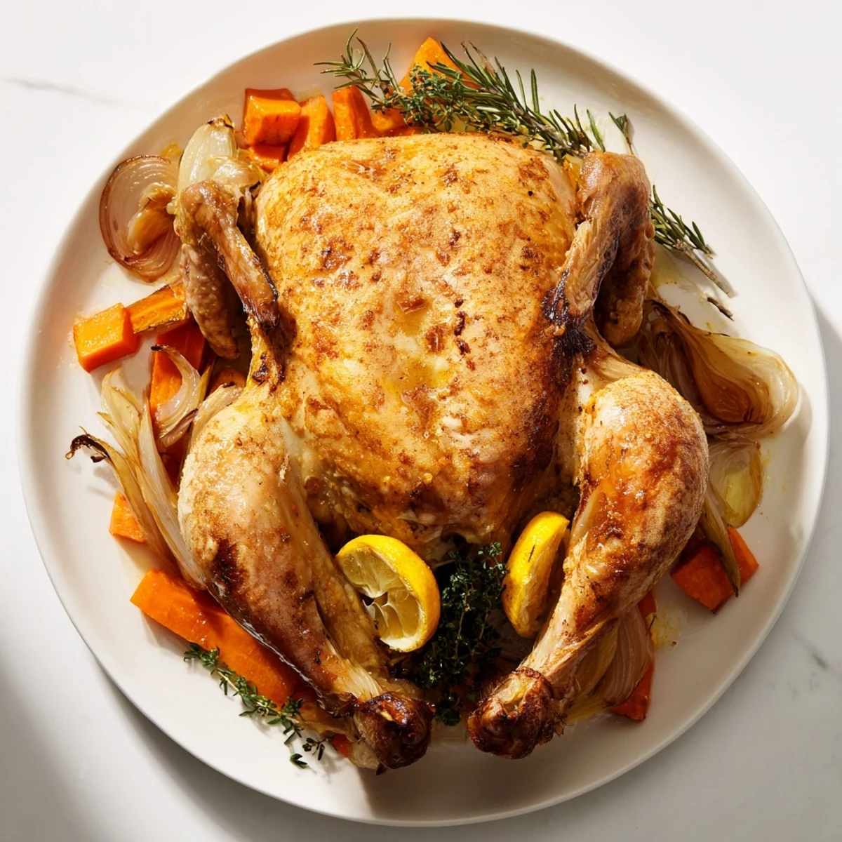 Golden, crispy-skinned Classic Roast Chicken, served with roasted vegetables and ready for dinner.