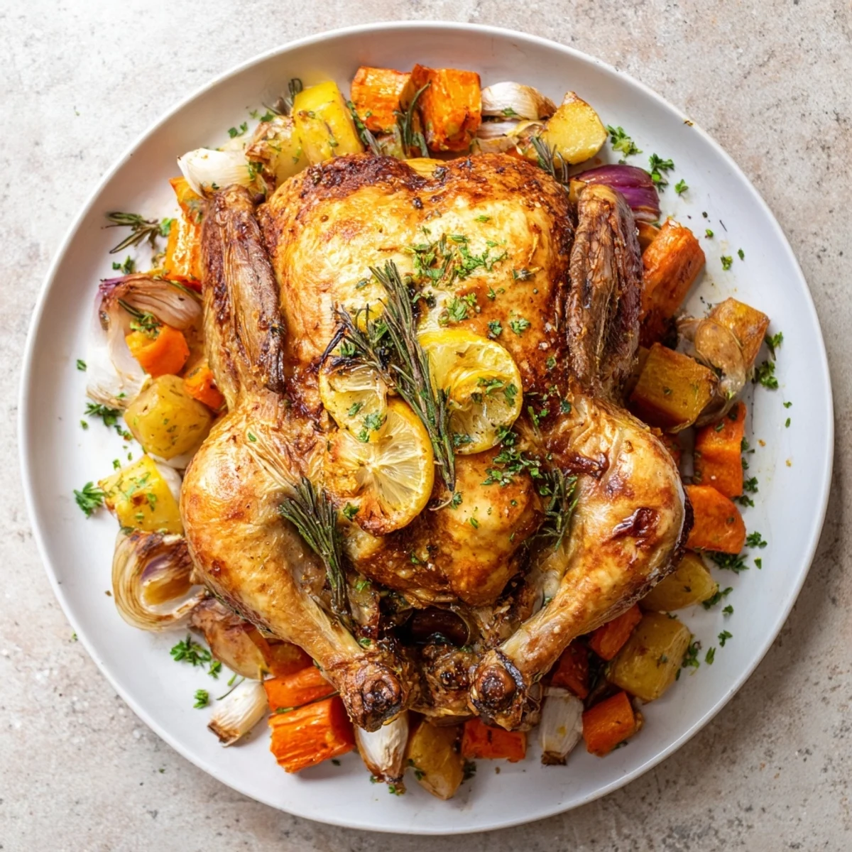 A perfectly roasted Classic Roast Chicken, juicy and savory, ready to be carved and enjoyed.