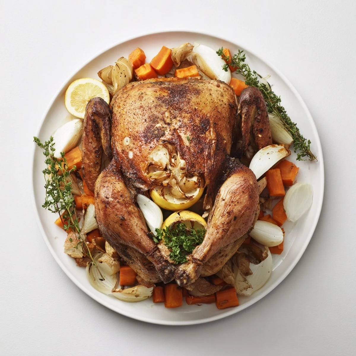 Tender, herb-infused Classic Roast Chicken; a comforting family meal with carrots and onions.