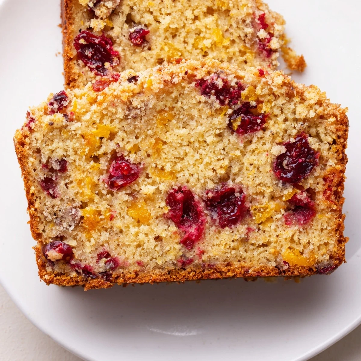 Freshly baked, golden cranberry bread with tart cranberries, ready to slice and enjoy as dessert.