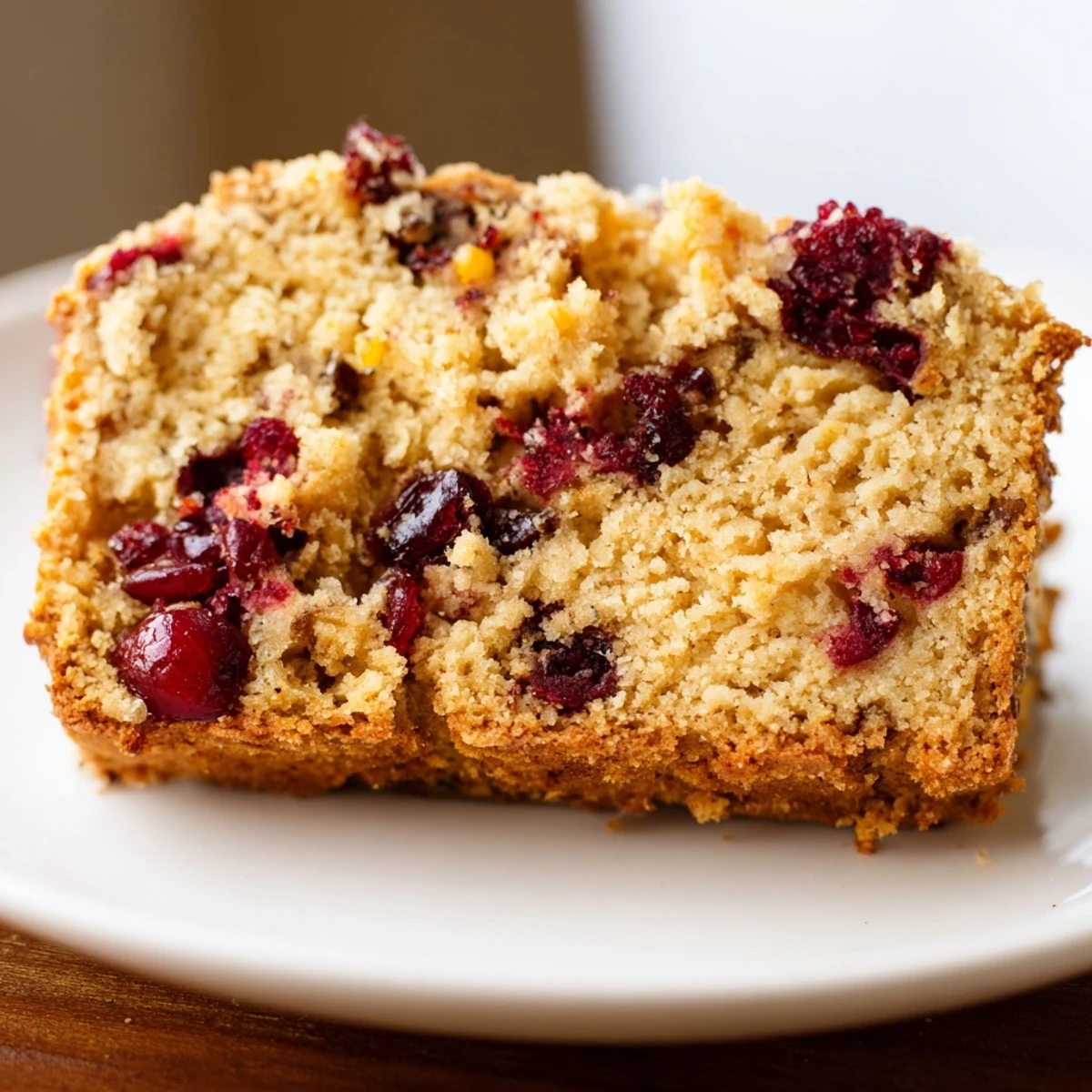 A warm, moist slice of homemade cranberry bread, perfect for breakfast with a cup of coffee.