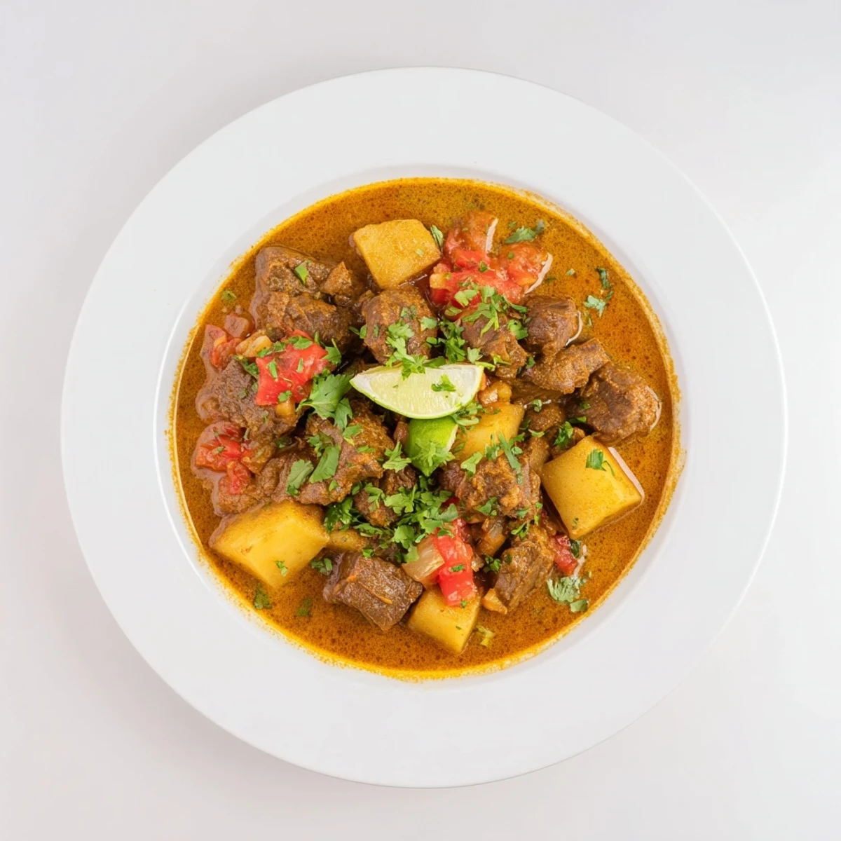 Tender beef curry, a vibrant dish with cilantro garnish and a side of fluffy white rice.
