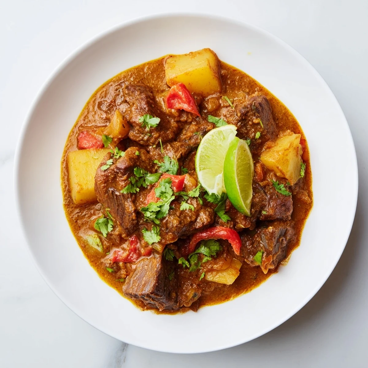 Steamy bowl of curry beef, served with fresh lime wedges for a flavorful, aromatic meal.