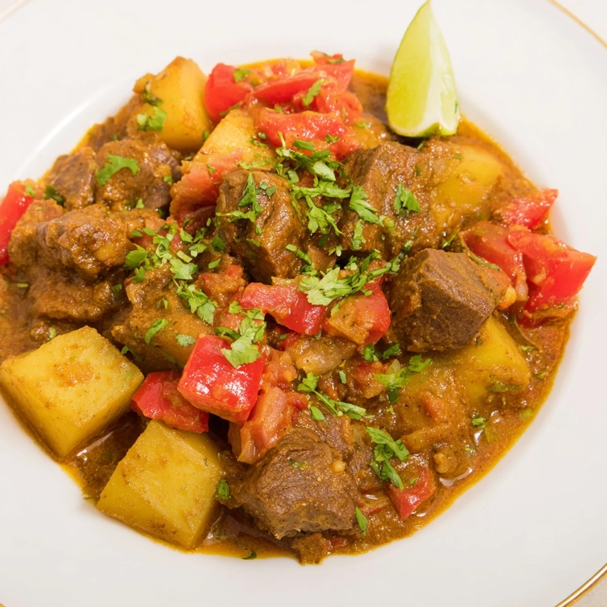 Hearty Indian curry beef, the rich sauce coating big chunks of perfectly cooked beef.