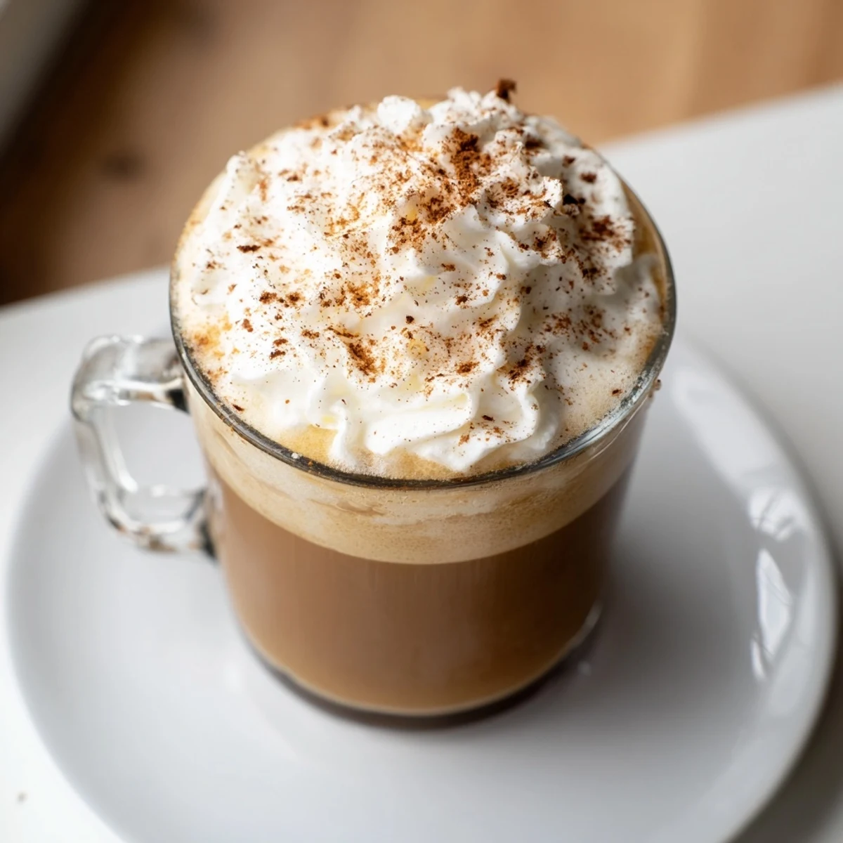 Steaming hot latte spiced, topped with whipped cream and a dusting of cinnamon; a perfect treat.