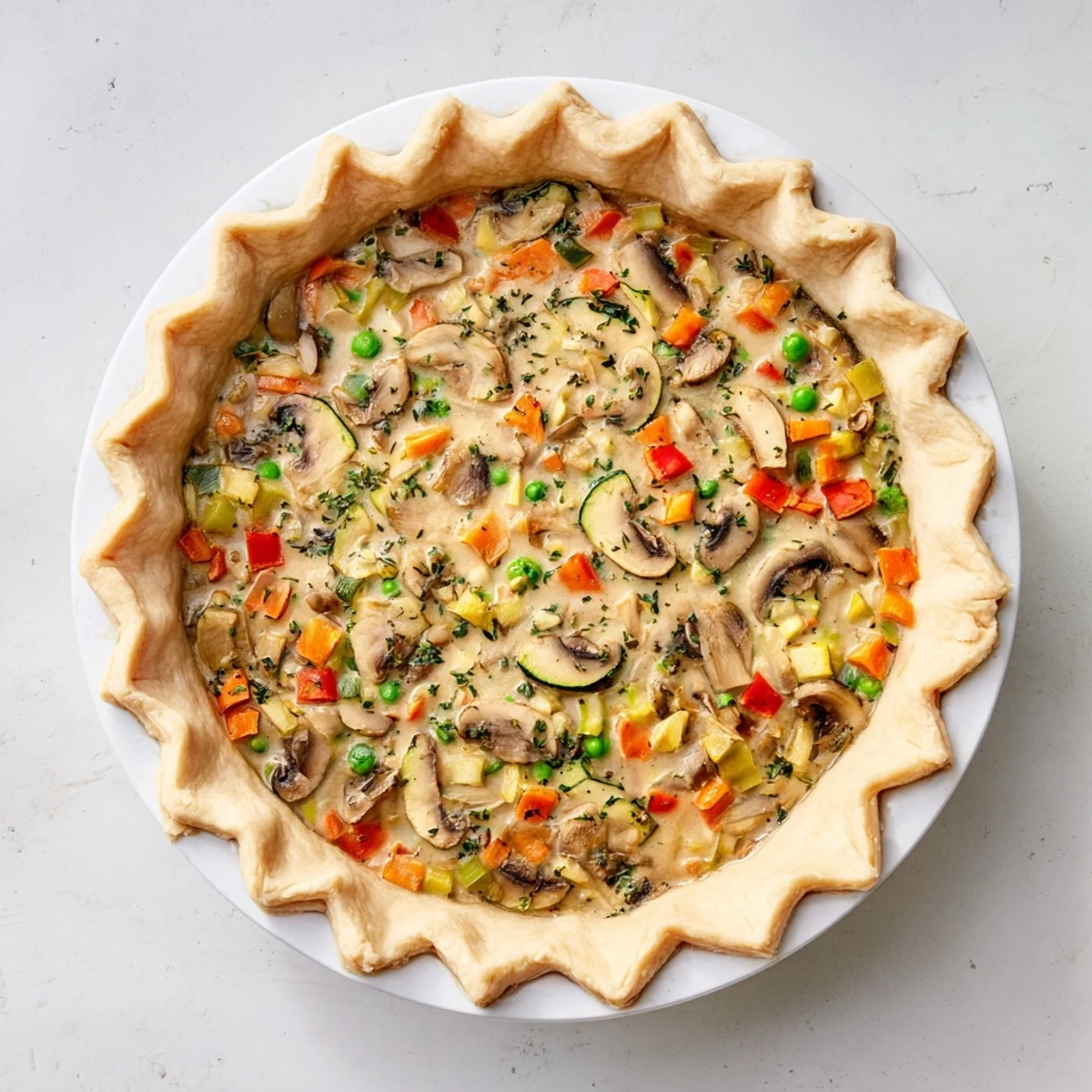 A beautiful, golden Savory Pie with a flaky crust, filled with vibrant vegetables and cheese.