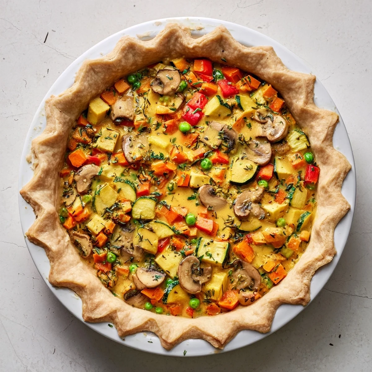 This baked Savory Pie features a rich, creamy filling, topped with a perfectly browned, irresistible crust.