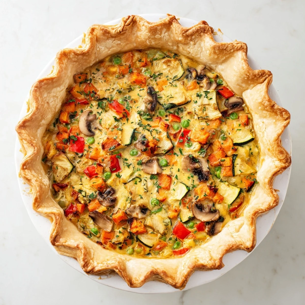 Close-up shot shows a slice of Savory Pie, showcasing the hearty vegetable filling and melted cheese.