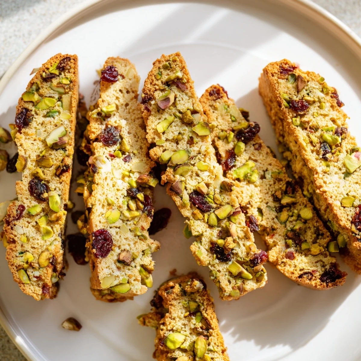 Crisp twice-baked Cranberry and Pistachio Biscotti, studded with bright cranberries and green pistachios.
