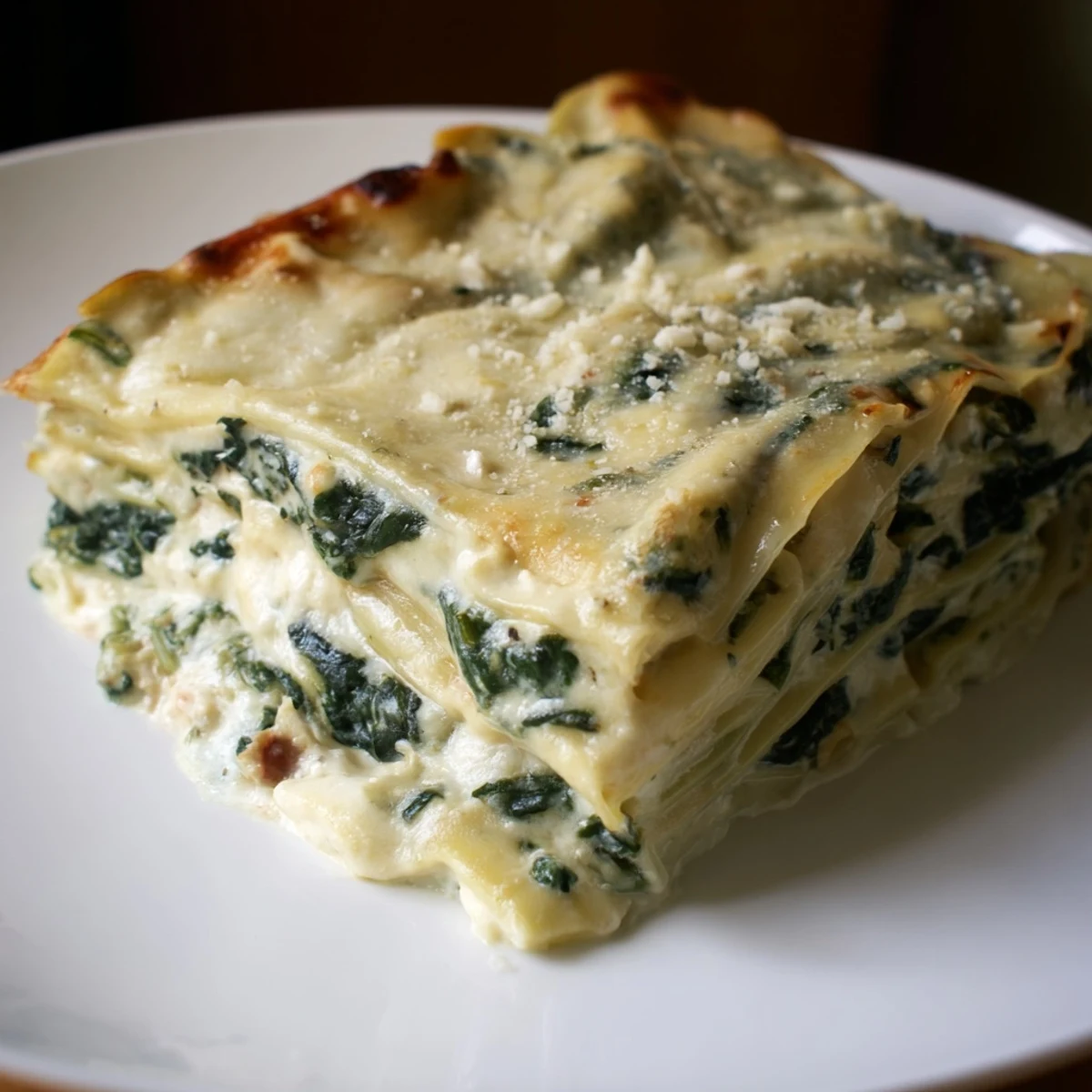 Warm, bubbling Creamy Spinach and Ricotta Lasagna, golden brown and ready to serve, a comforting Italian meal.