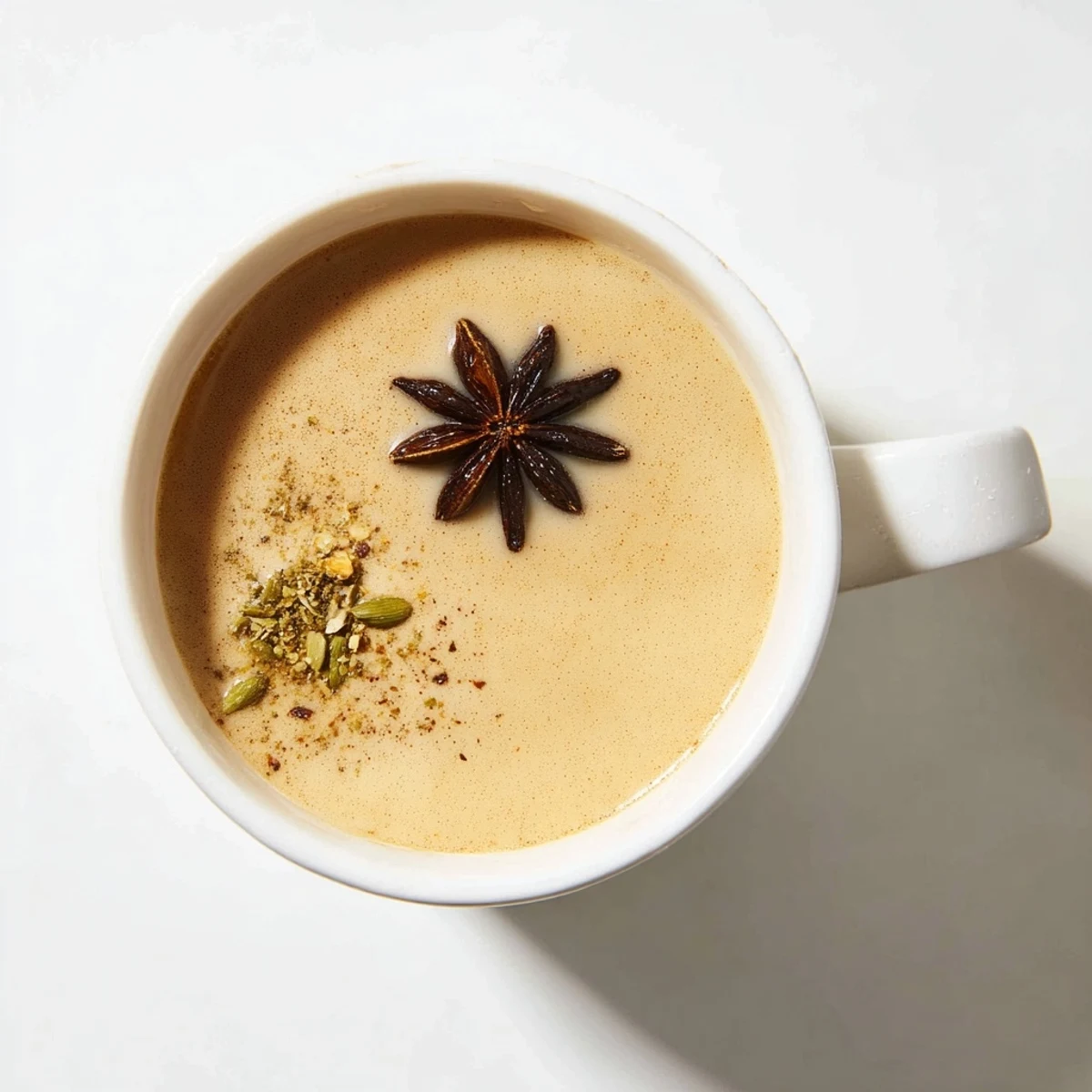 Close-up of a frothy Spiced Chai Latte, highlighting the beautiful star anise and creamy texture, a perfect treat.