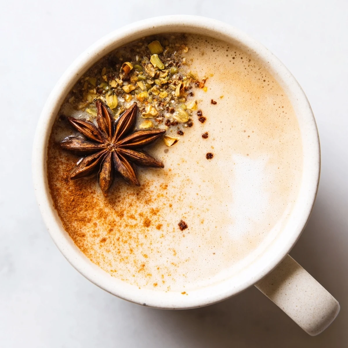 Steaming cup of Spiced Chai Latte with star anise, offering warm spices’ fragrant aroma for comfort.