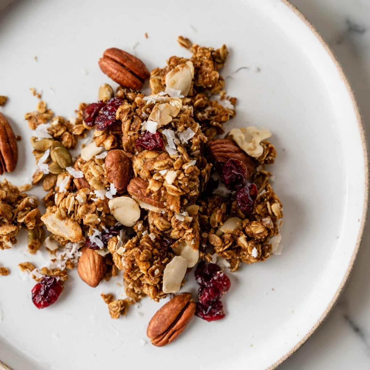Golden-brown Gingerbread Spiced Granola, a perfect breakfast with crunchy pecans and warm spices.