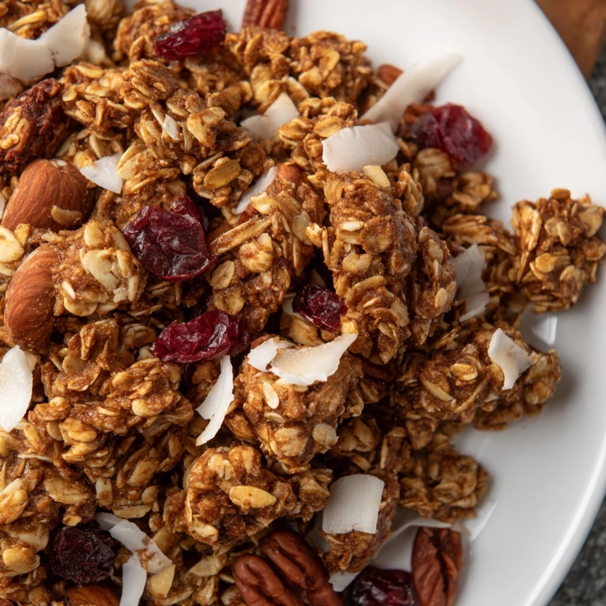 Crispy Gingerbread Spiced Granola, baked to perfection, ideal as a topping with Greek yogurt.