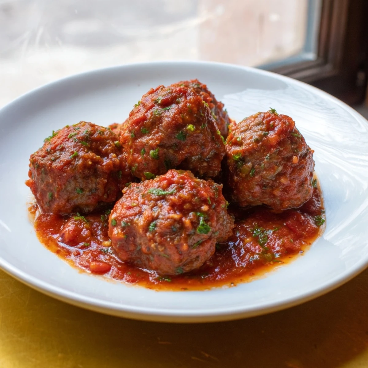 Close-up of tender lamb meatballs simmering in a vibrant, bubbling tomato sauce for a hearty dinner.