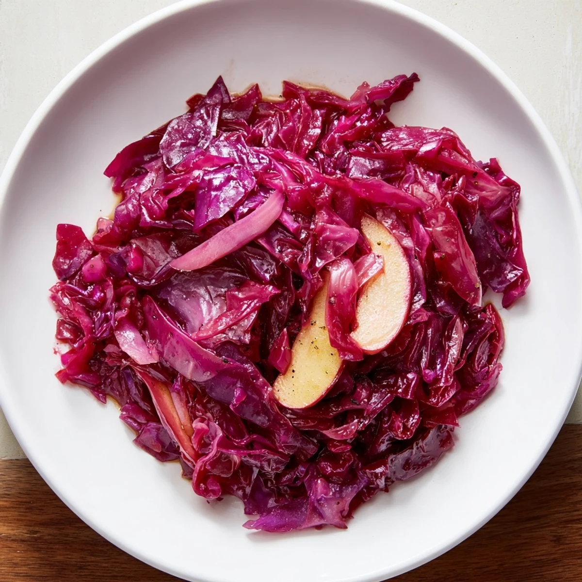 Tender braised red cabbage with apple, beautifully plated alongside a roasted pork loin or sausage.