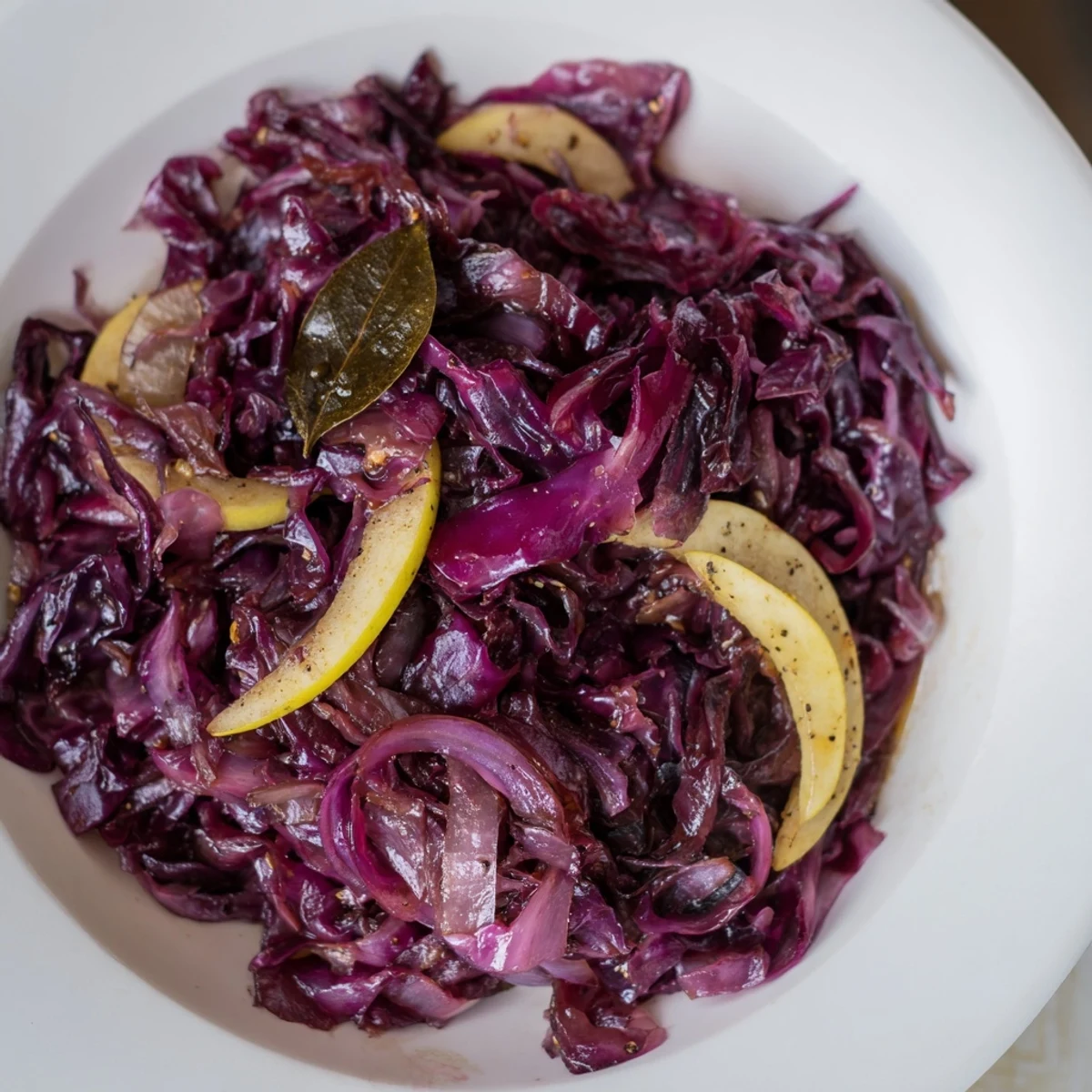A close-up of vibrant Braised Red Cabbage with Apple, showing soft cabbage and glistening apples.
