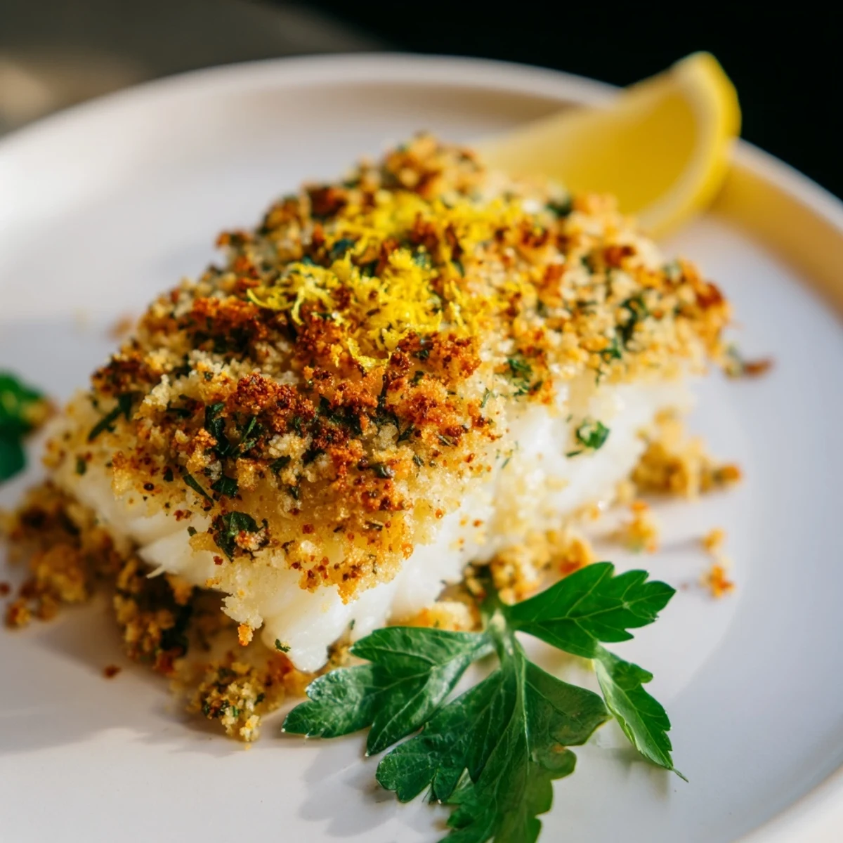 Golden-brown, crispy Baked Cod with Chorizo-Free Crumble is cooked to perfection and ready for serving.