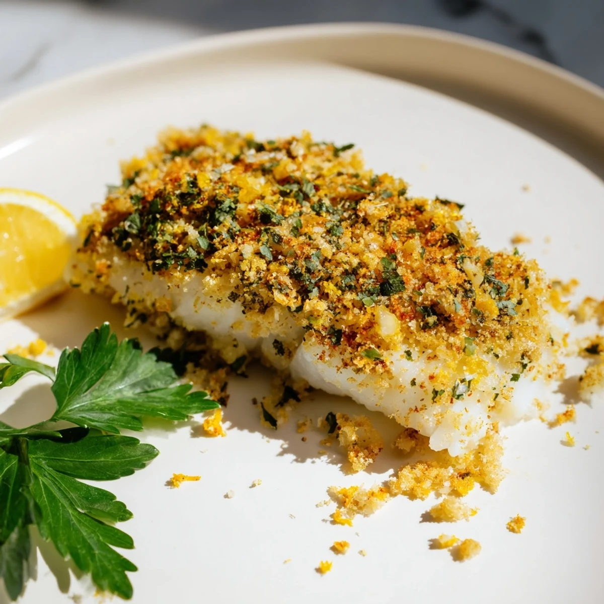 Flaky, delicious Baked Cod with Chorizo-Free Crumble, topped with flavorful, herb-infused breadcrumbs.