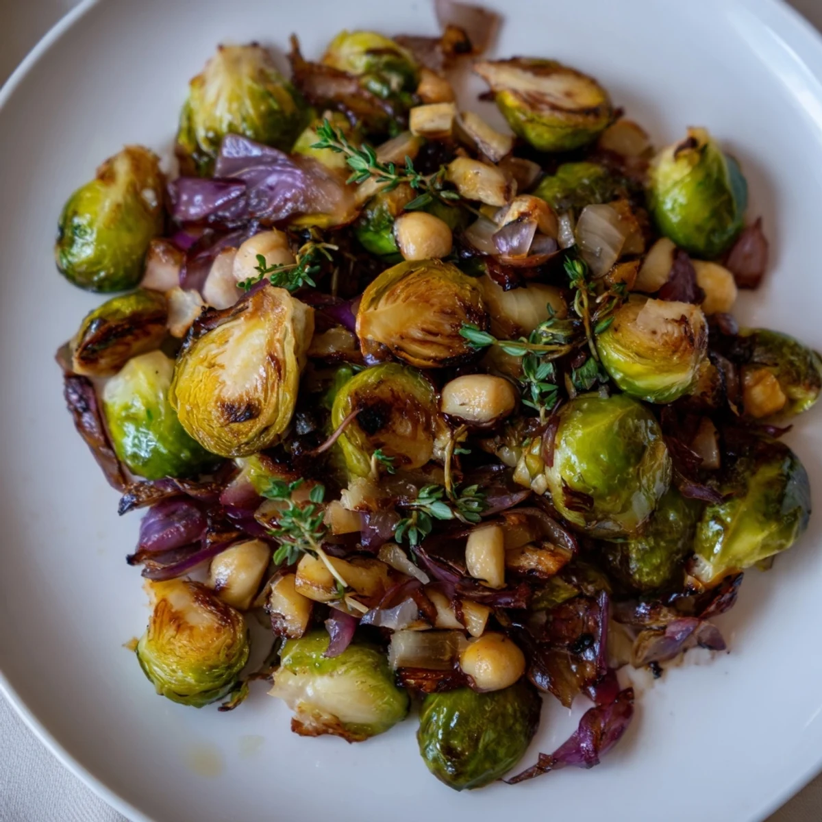 Close-up of crispy Roasted Brussels Sprouts with Chestnuts, seasoned with thyme, offering holiday flavors.