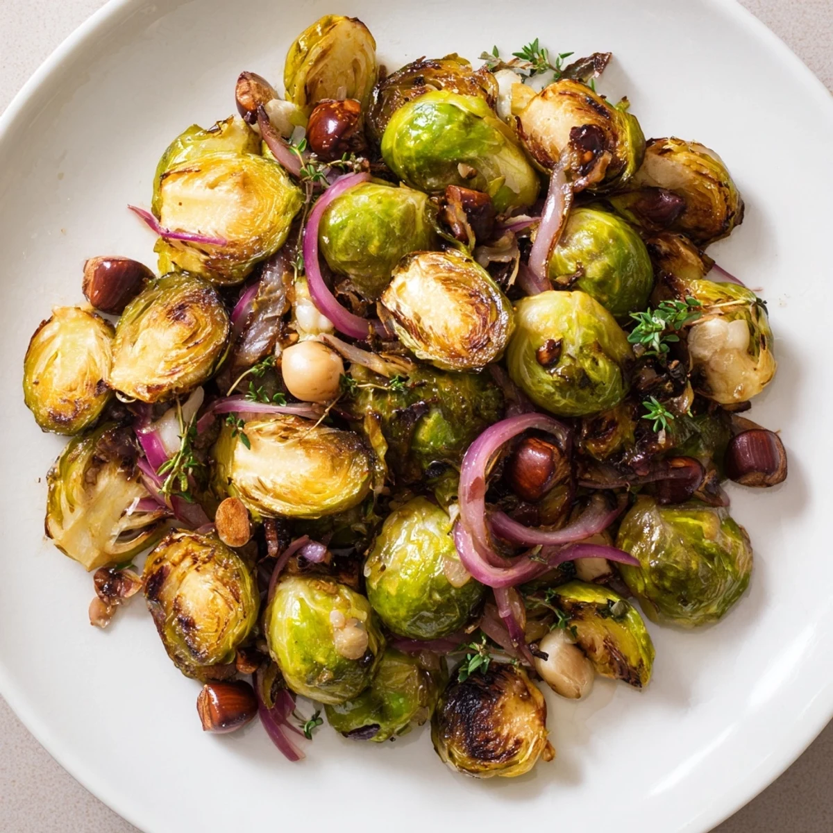 Golden, caramelized Roasted Brussels Sprouts with Chestnuts, a delightful autumn side dish, ready to savor.