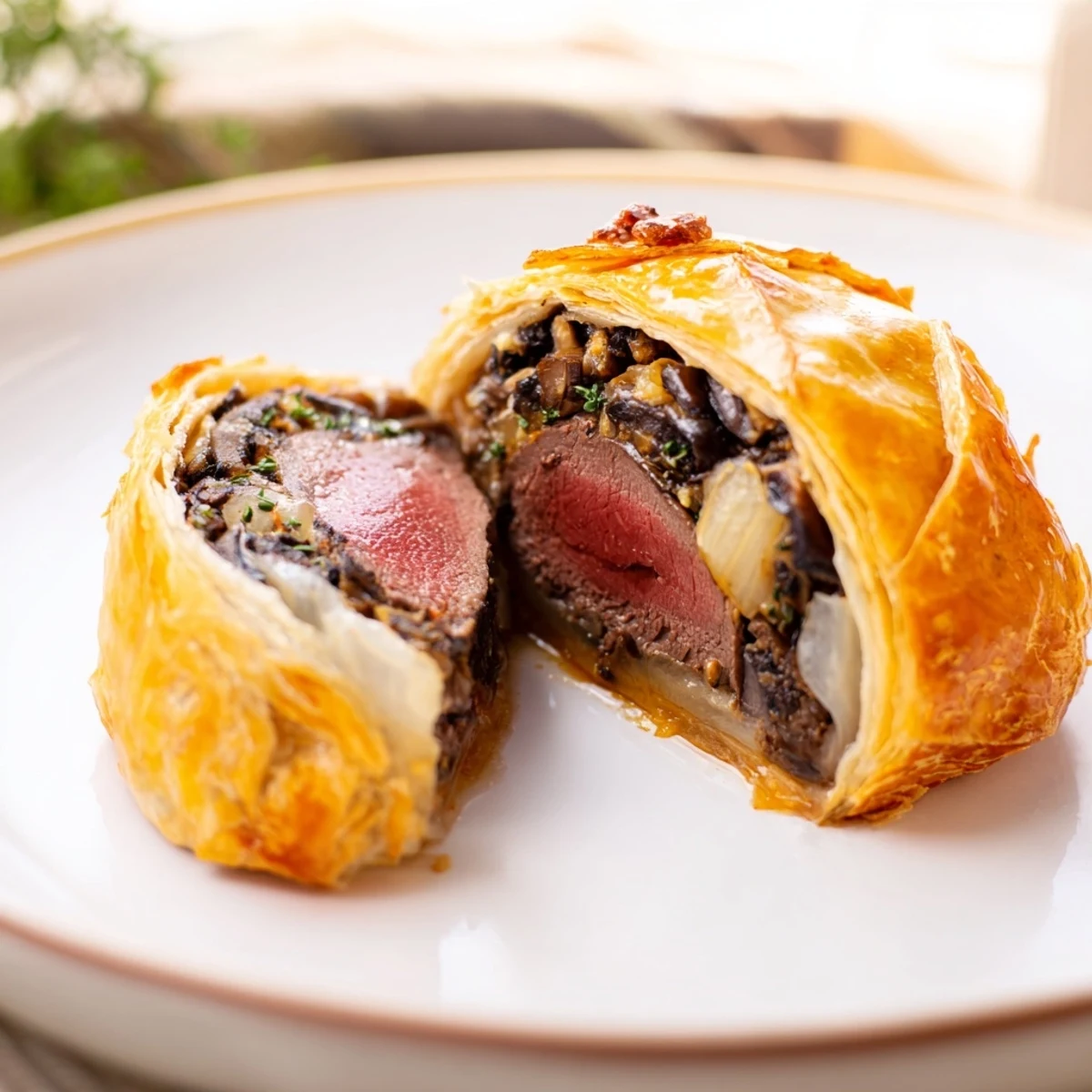 Golden-brown Beef Wellington, sliced to reveal savory mushroom duxelles within flaky pastry crust.