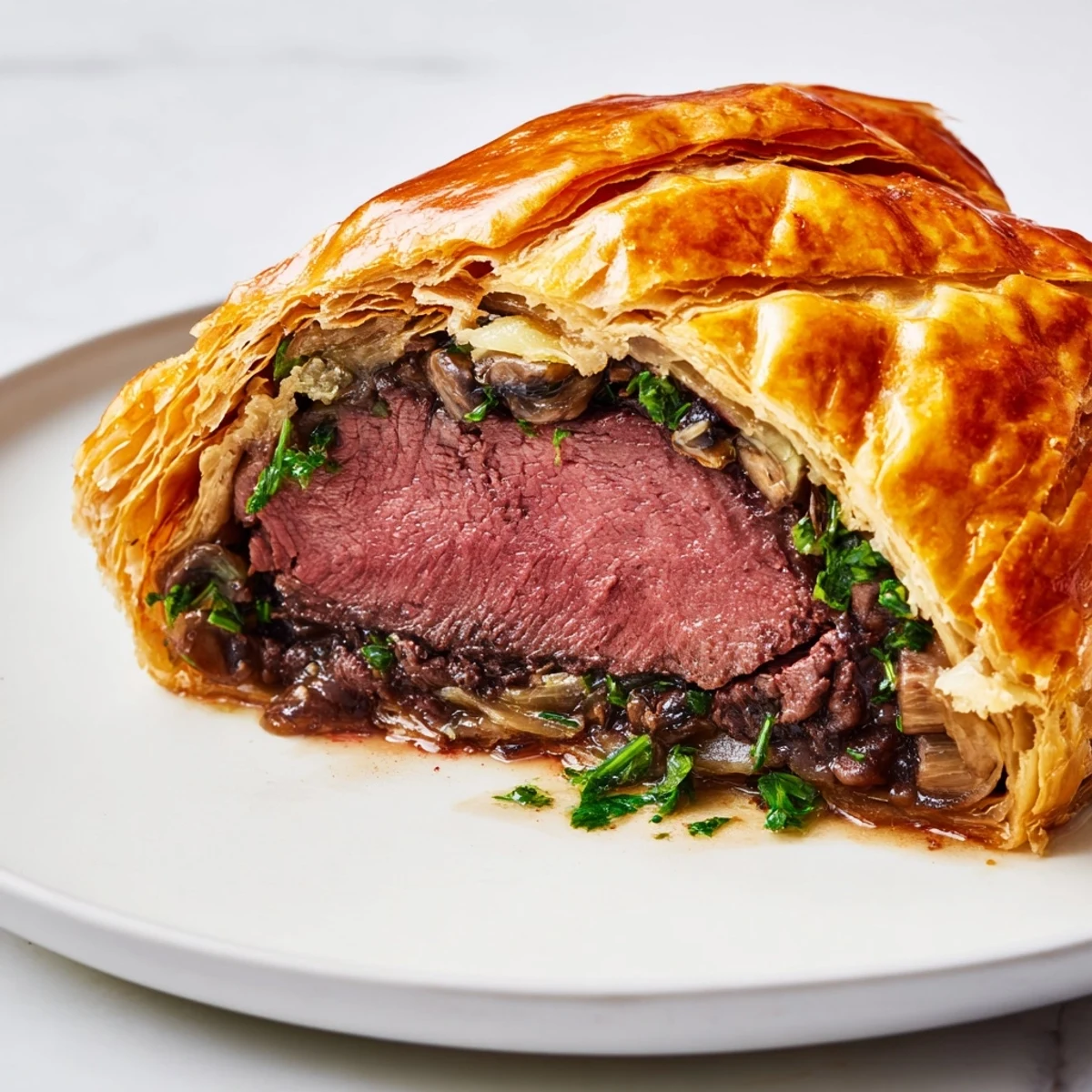A beautifully presented Beef Wellington, ready to be sliced, perfect for a special dinner party.