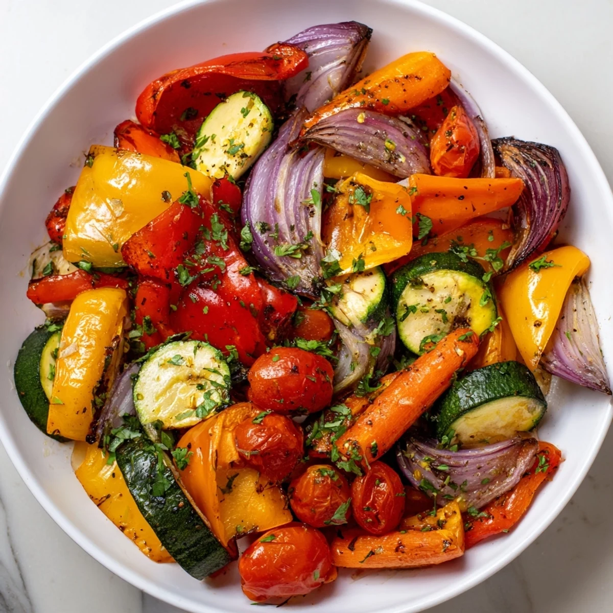Vibrant, caramelized roasted veggies: a delicious side dish bursting with savory flavors, ready to serve.
